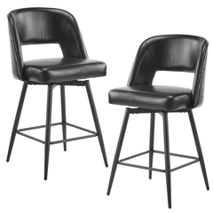 Set of 2 Black PU Swivel Bar Stools with Open Backrest and Metal Legs