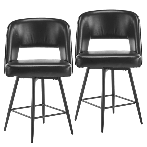 Set of 2 Black PU Swivel Bar Stools with Open Backrest and Metal Legs