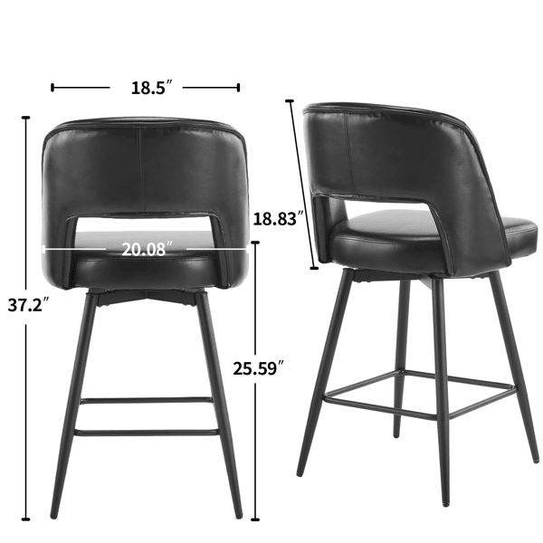 Set of 2 Black PU Swivel Bar Stools with Open Backrest and Metal Legs