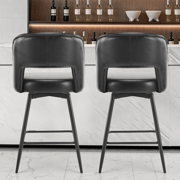 Set of 2 Black PU Swivel Bar Stools with Open Backrest and Metal Legs