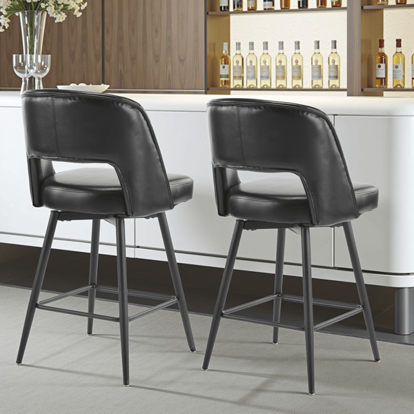 Set of 2 Black PU Swivel Bar Stools with Open Backrest and Metal Legs