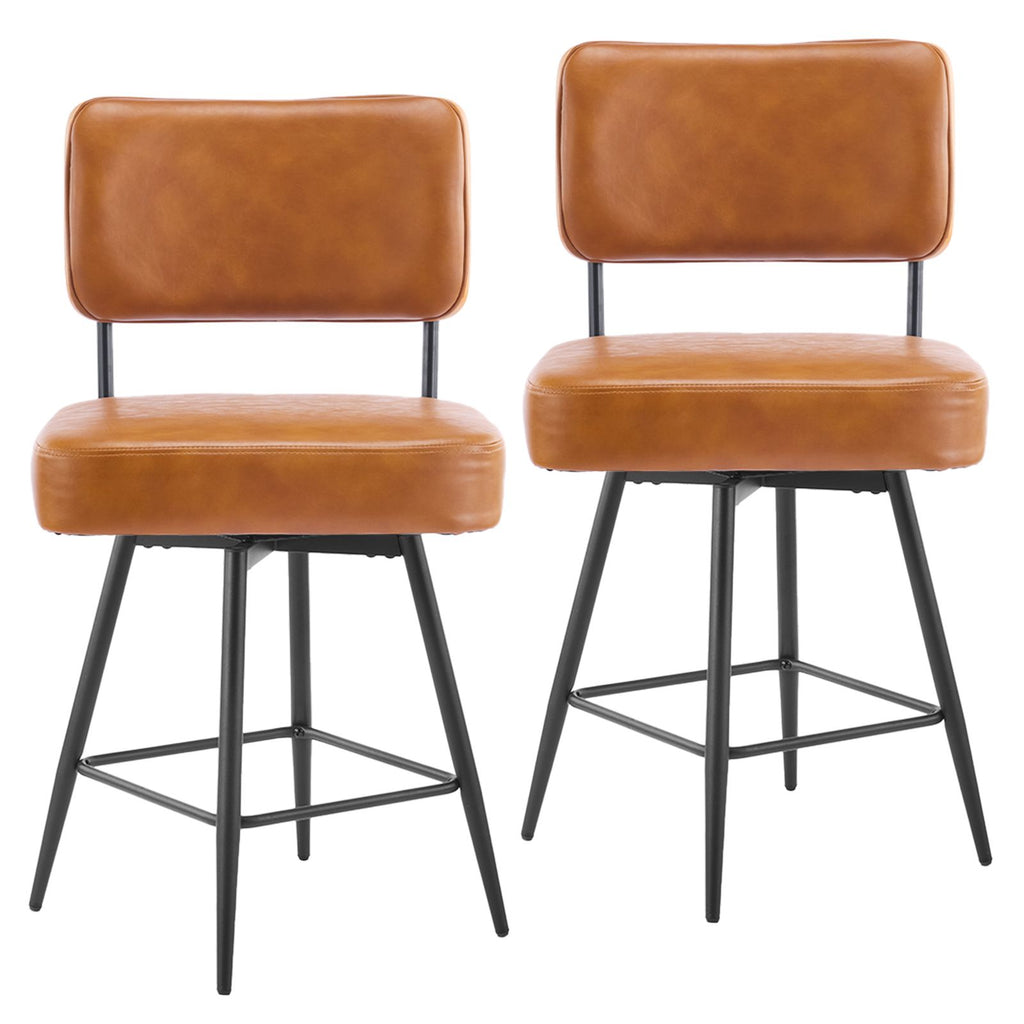 Pair of Brown PU Leather Swivel Bar Stools with Removable Bentwood Backrest