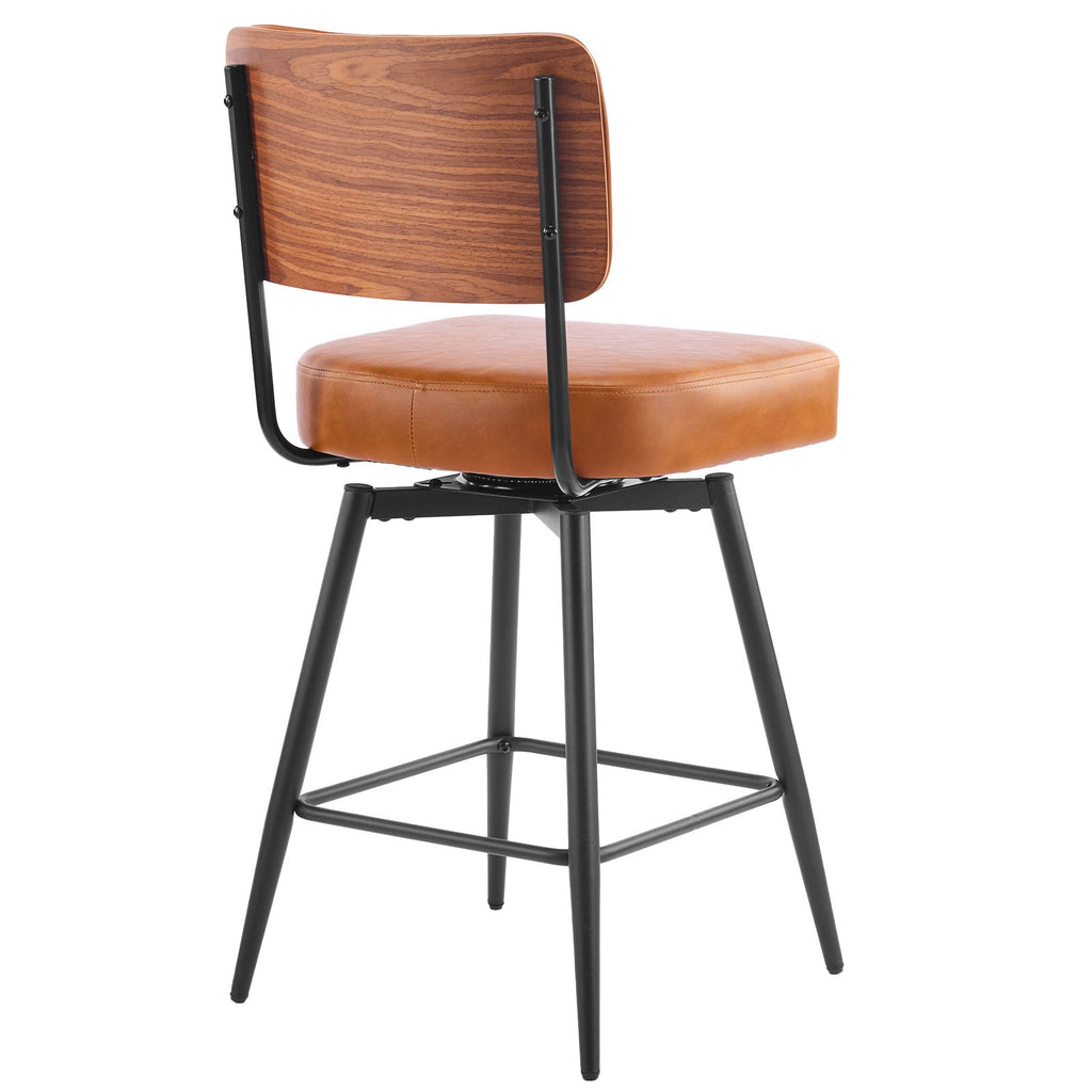 Pair of Brown PU Leather Swivel Bar Stools with Removable Bentwood Backrest