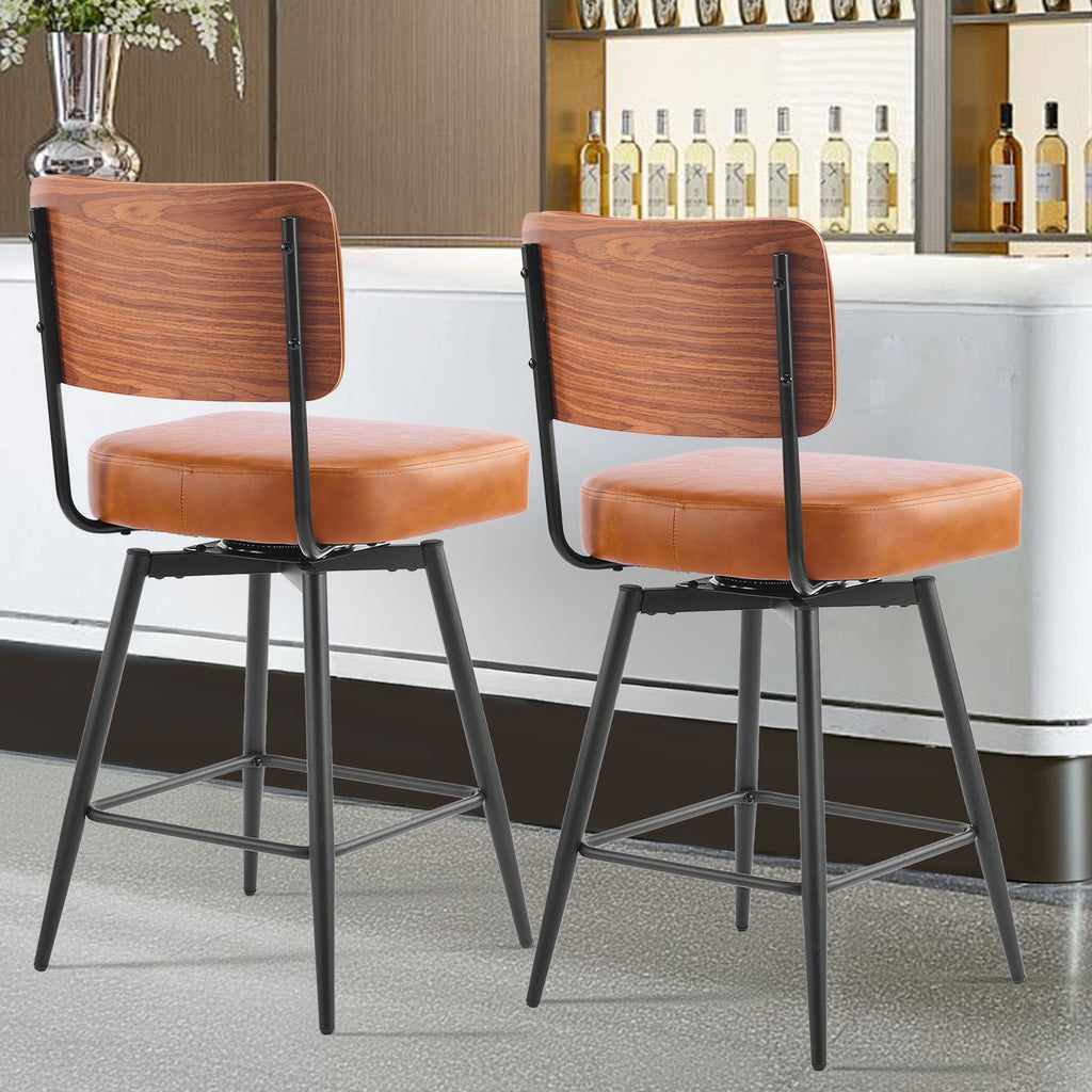 Pair of Brown PU Leather Swivel Bar Stools with Removable Bentwood Backrest