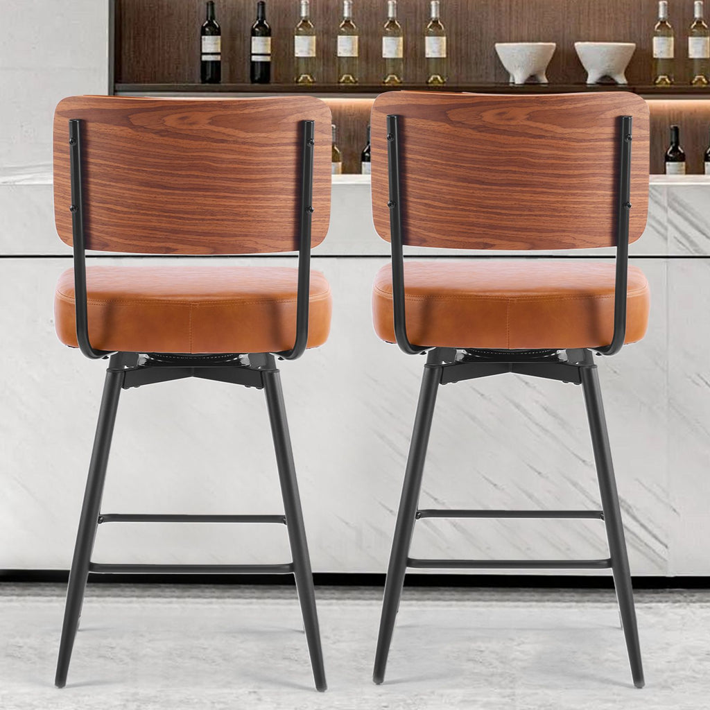 Pair of Brown PU Leather Swivel Bar Stools with Removable Bentwood Backrest