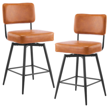 Pair of Brown PU Leather Swivel Bar Stools with Removable Bentwood Backrest