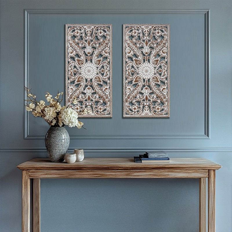 Two-Piece Distressed Lotus Carved Wall Decor Set