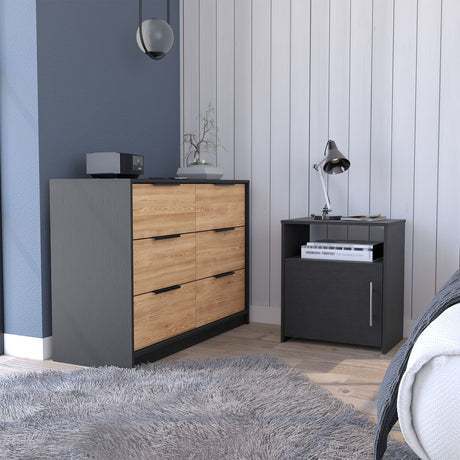 2 Piece Bedroom Set, Egeo 4 Drawer Dresser + Omaha Nightstand, Black / Pine