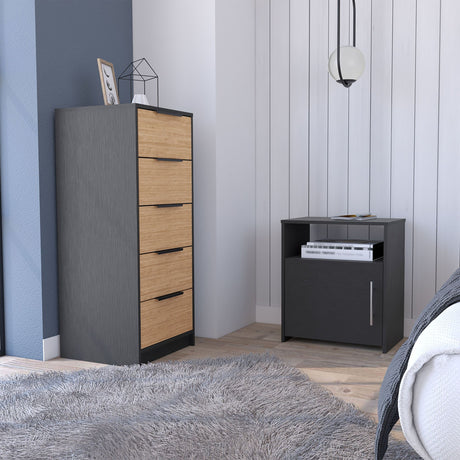 2 Piece Bedroom Set, Egeo 5 Drawer Dresser + Omaha Nightstand, Black / Light Oak