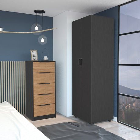 2-Piece Bedroom Set: London Armoire and Egeo 5-Drawer Dresser, Black/Light Oak