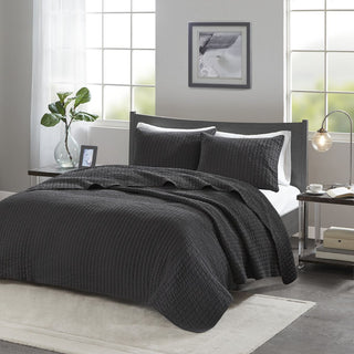 Reversible Black Channel-Quilted Bedding Set