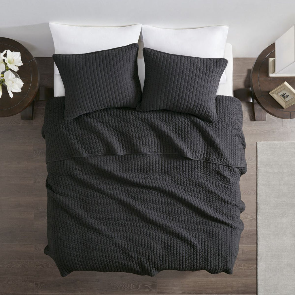 Reversible Black Channel-Quilted Bedding Set
