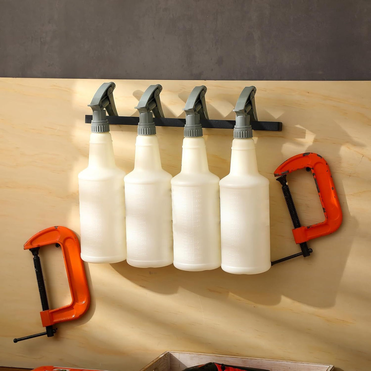 Two Wall-Mounted Spray Bottle Racks for Garage Detailing