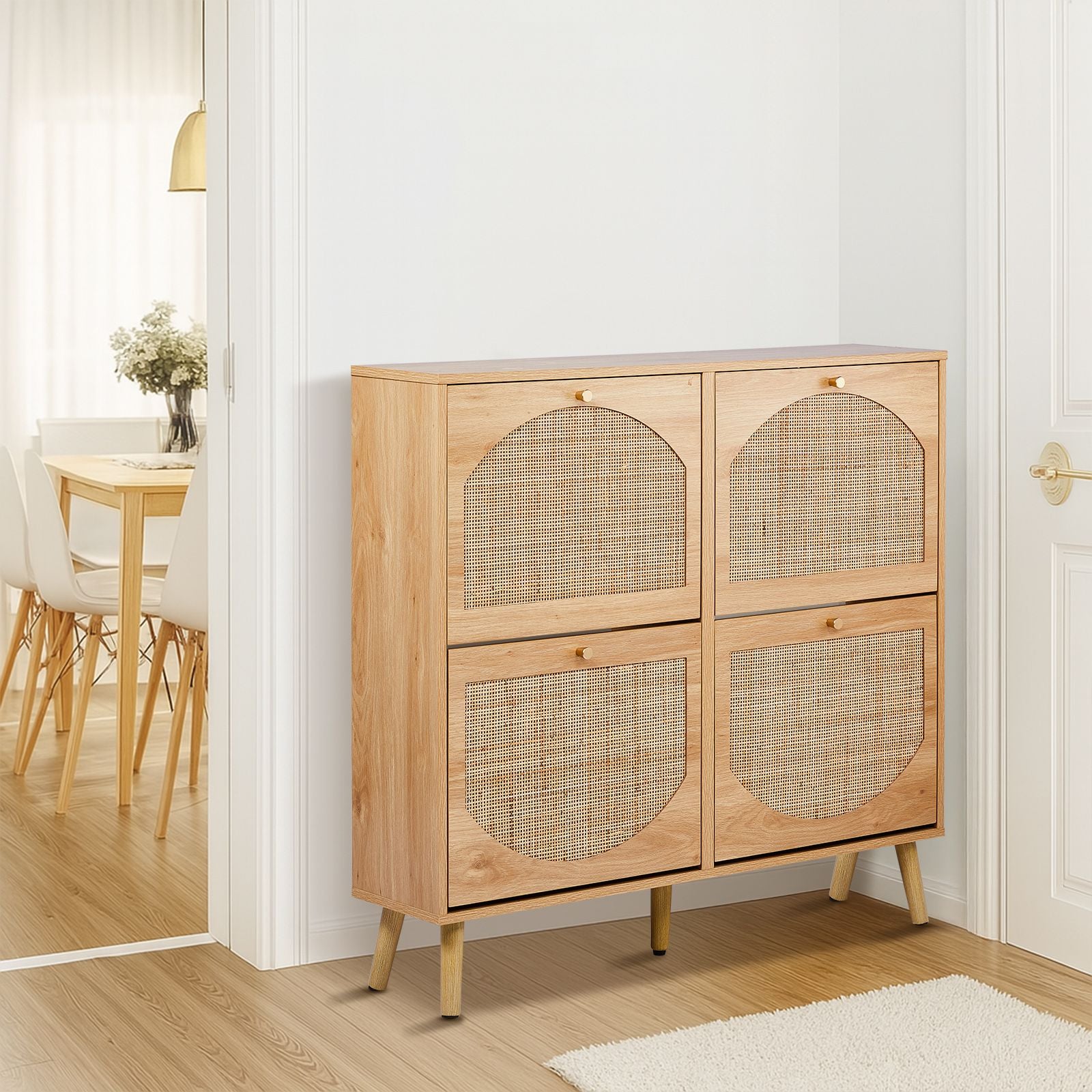 2-Tier Flip-Down Shoe Cabinet with Rattan Arched Front