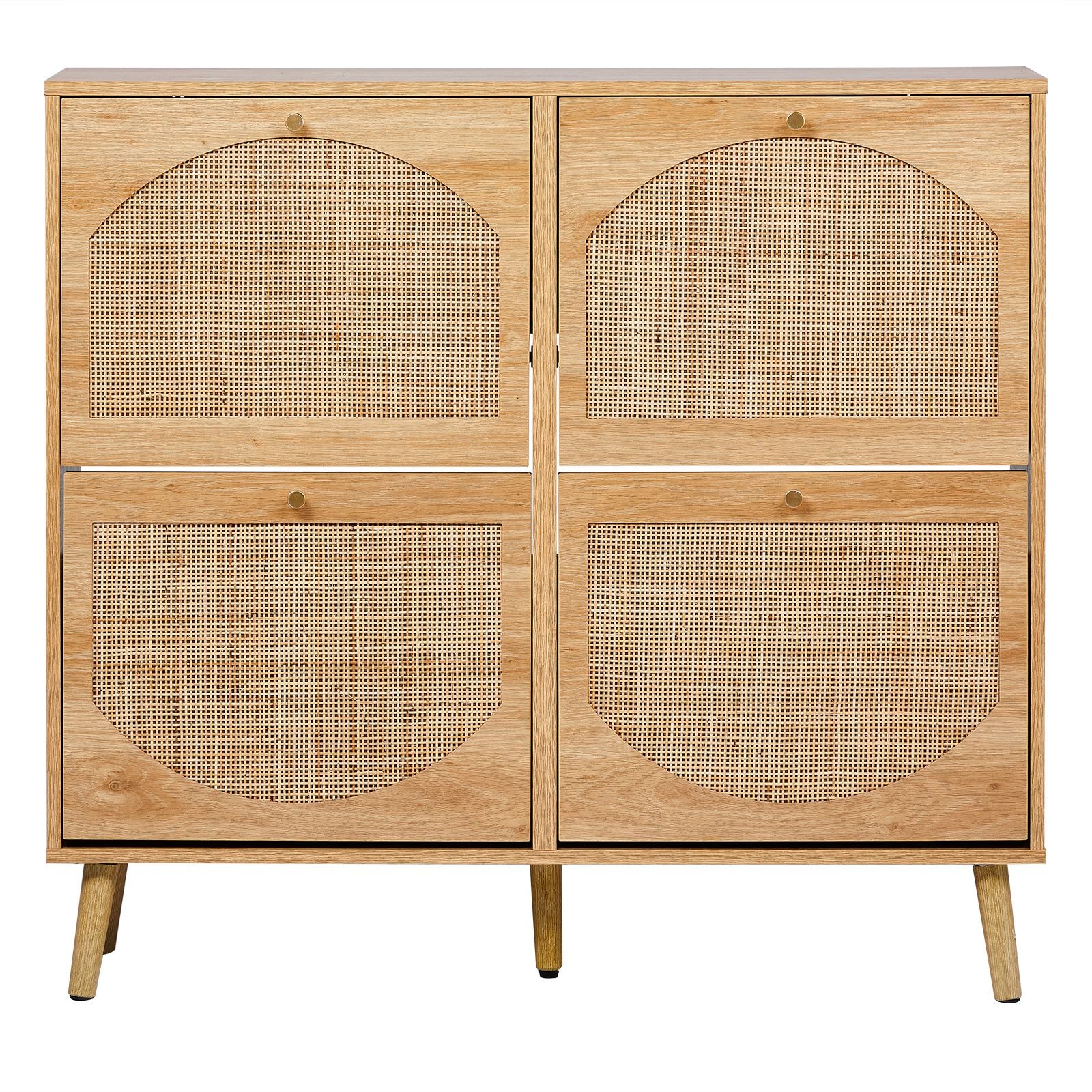 2-Tier Flip-Down Shoe Cabinet with Rattan Arched Front