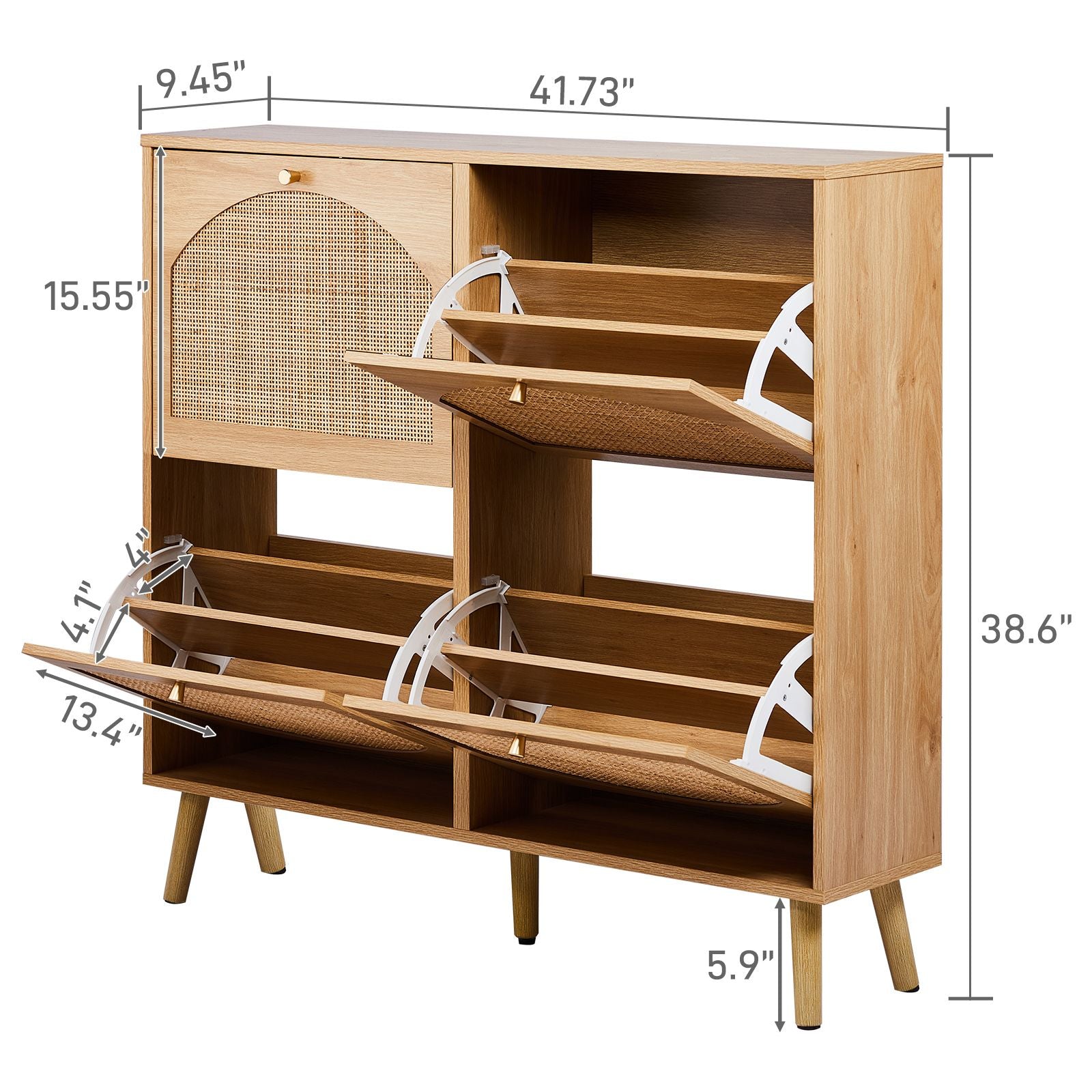 2-Tier Flip-Down Shoe Cabinet with Rattan Arched Front