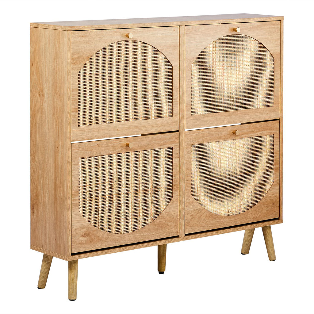 2-Tier Flip-Down Shoe Cabinet with Rattan Arched Front