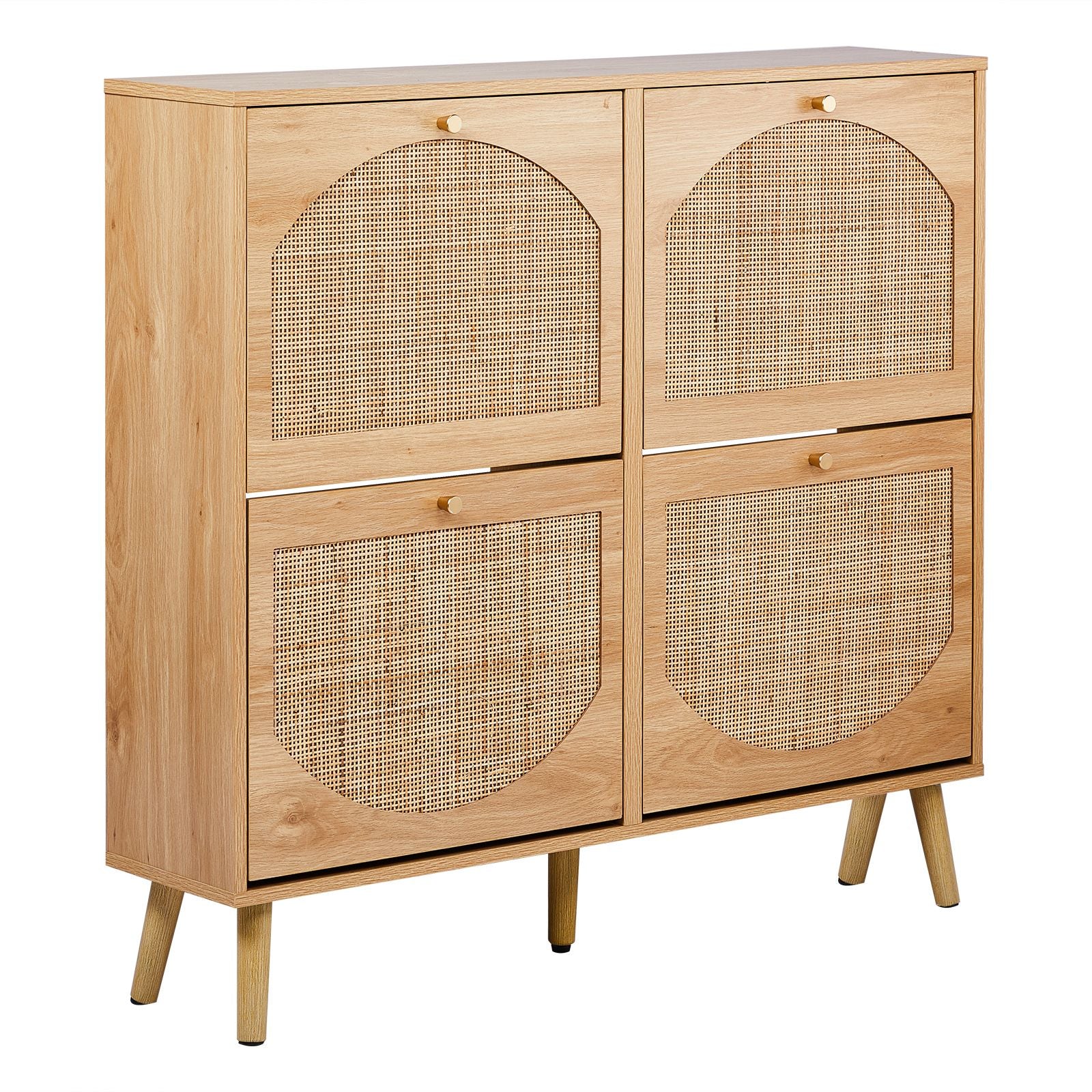 2-Tier Flip-Down Shoe Cabinet with Rattan Arched Front