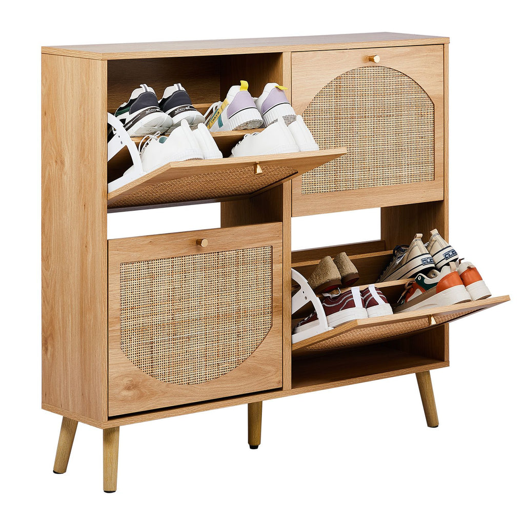 2-Tier Flip-Down Shoe Cabinet with Rattan Arched Front