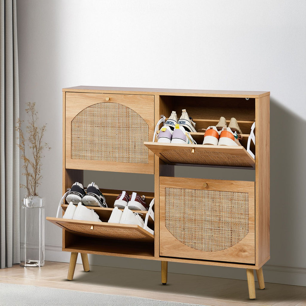 2-Tier Flip-Down Shoe Cabinet with Rattan Arched Front