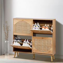 2-Tier Flip-Down Shoe Cabinet with Rattan Arched Front
