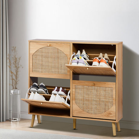 2-Tier Flip-Down Shoe Cabinet with Rattan Arched Front