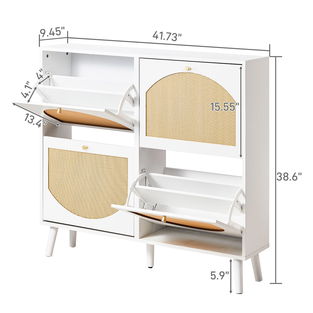 4-Compartment Flip-Top Shoe Cabinet with Arched Rattan Fronts