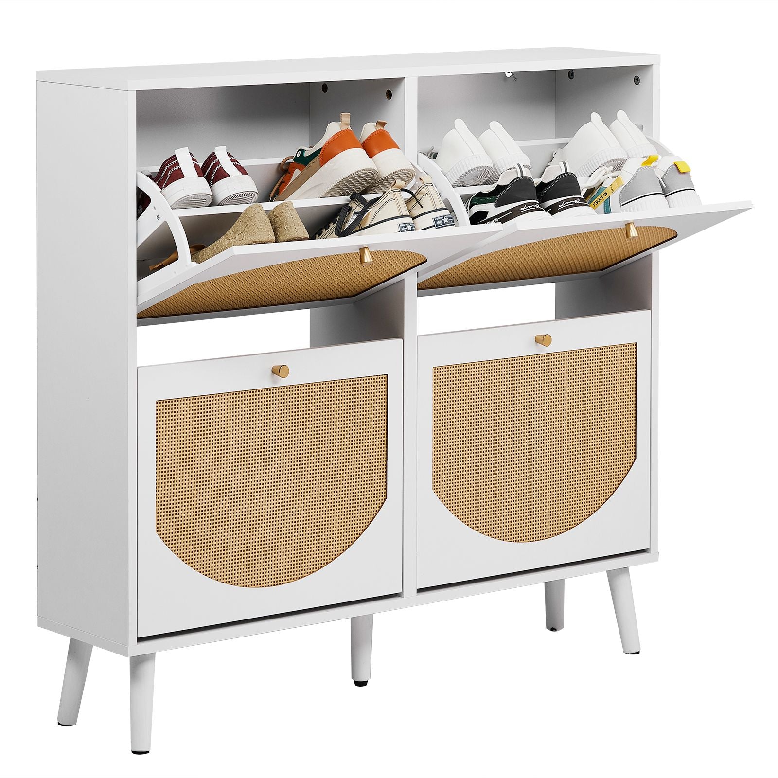 4-Compartment Flip-Top Shoe Cabinet with Arched Rattan Fronts