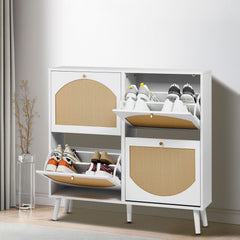 4-Compartment Flip-Top Shoe Cabinet with Arched Rattan Fronts