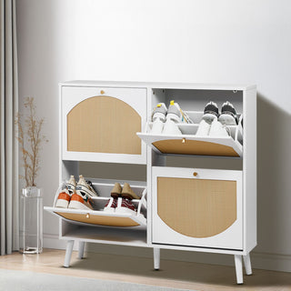 4-Compartment Flip-Top Shoe Cabinet with Arched Rattan Fronts