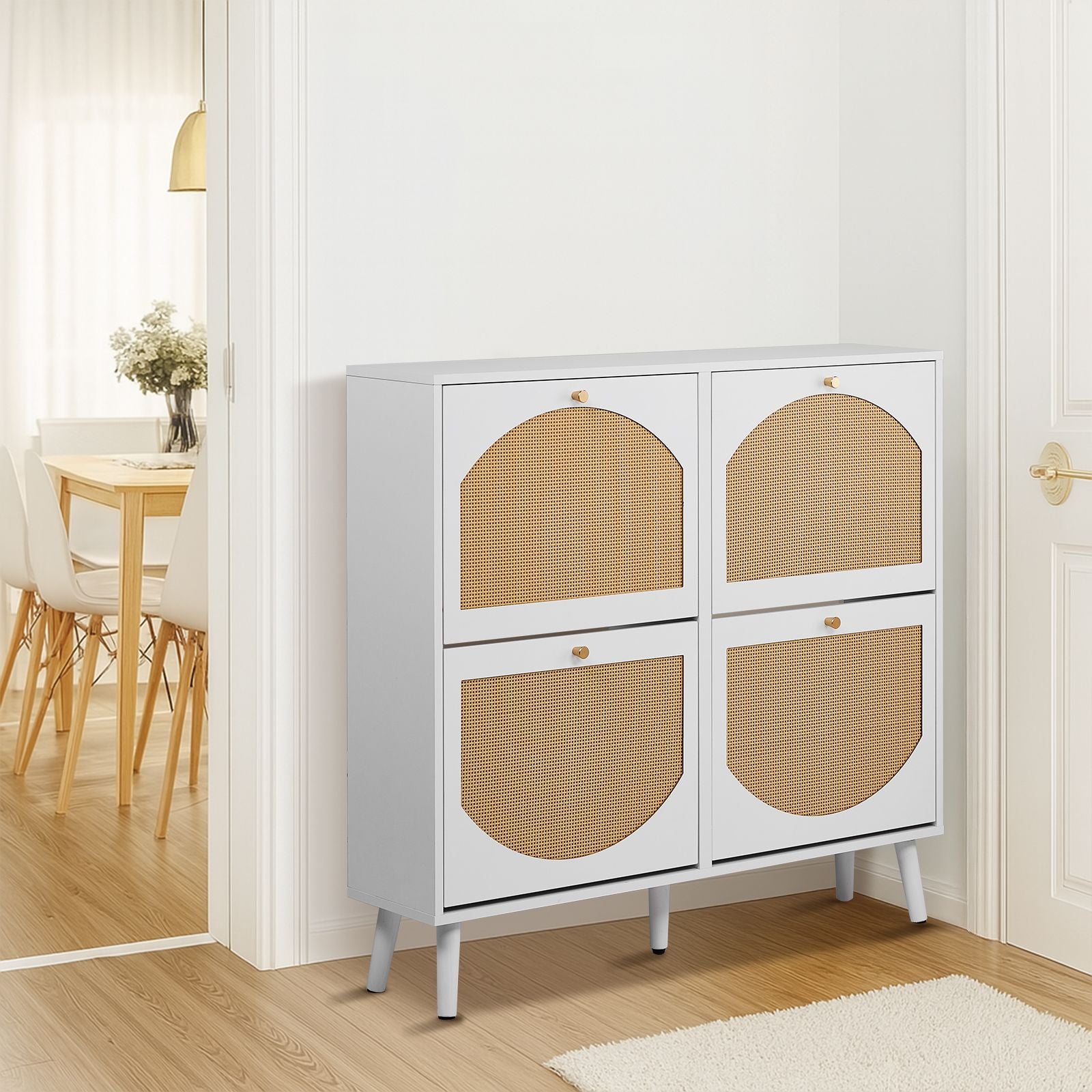 4-Compartment Flip-Top Shoe Cabinet with Arched Rattan Fronts