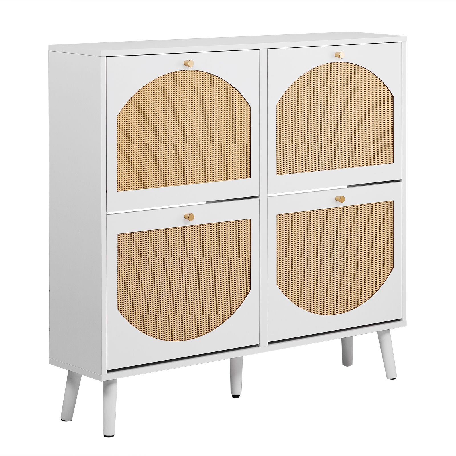 4-Compartment Flip-Top Shoe Cabinet with Arched Rattan Fronts