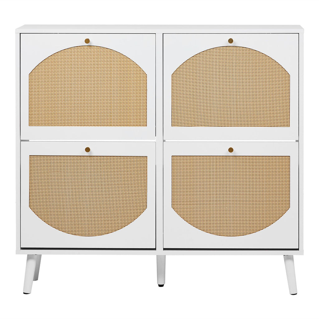 4-Compartment Flip-Top Shoe Cabinet with Arched Rattan Fronts