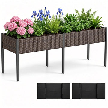 2-Section PE Rattan Raised Garden Bed – Ergonomic Elevated Planter Box for Patio Vegetables & Herbs