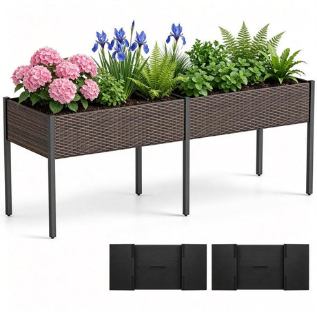 2-Section PE Rattan Raised Garden Bed – Ergonomic Elevated Planter Box for Patio Vegetables & Herbs