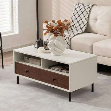 2-Tier 40" Modern Rectangle Coffee Table with Storage Shelves and Drawers