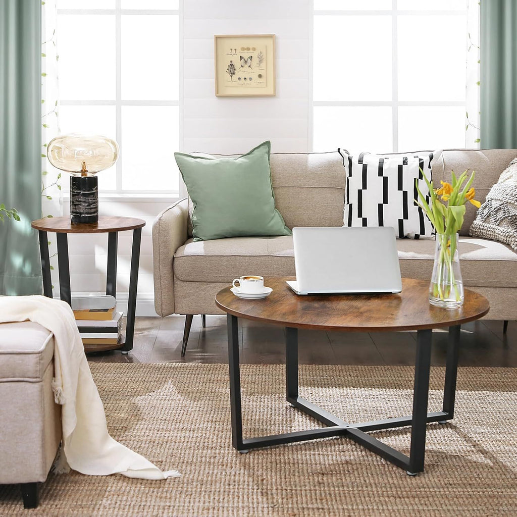 Round Industrial Side Table with Storage Shelf - Easy Assembly