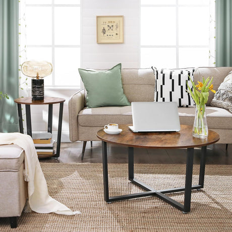 Round Industrial Side Table with Storage Shelf - Easy Assembly