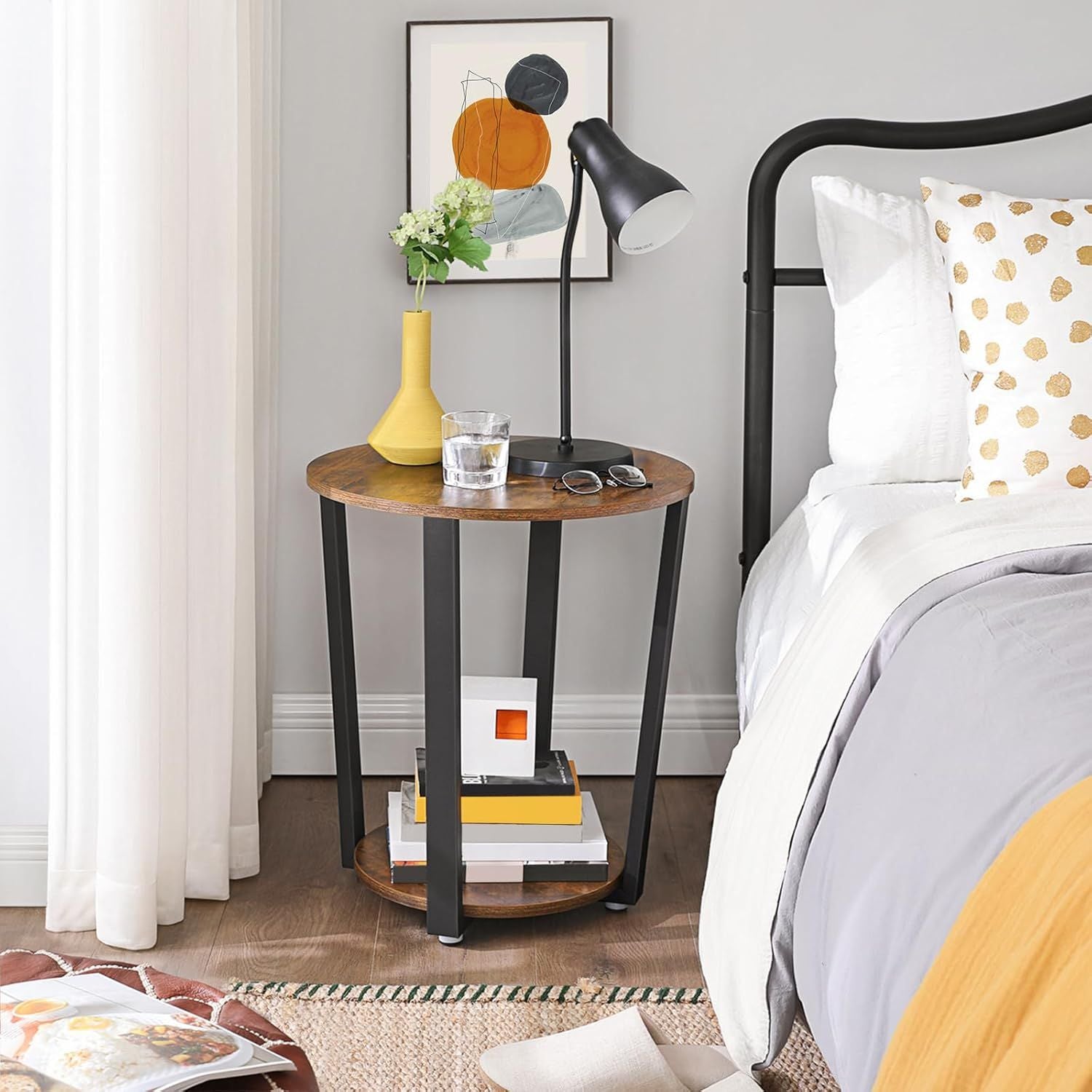 Round Industrial Side Table with Storage Shelf - Easy Assembly