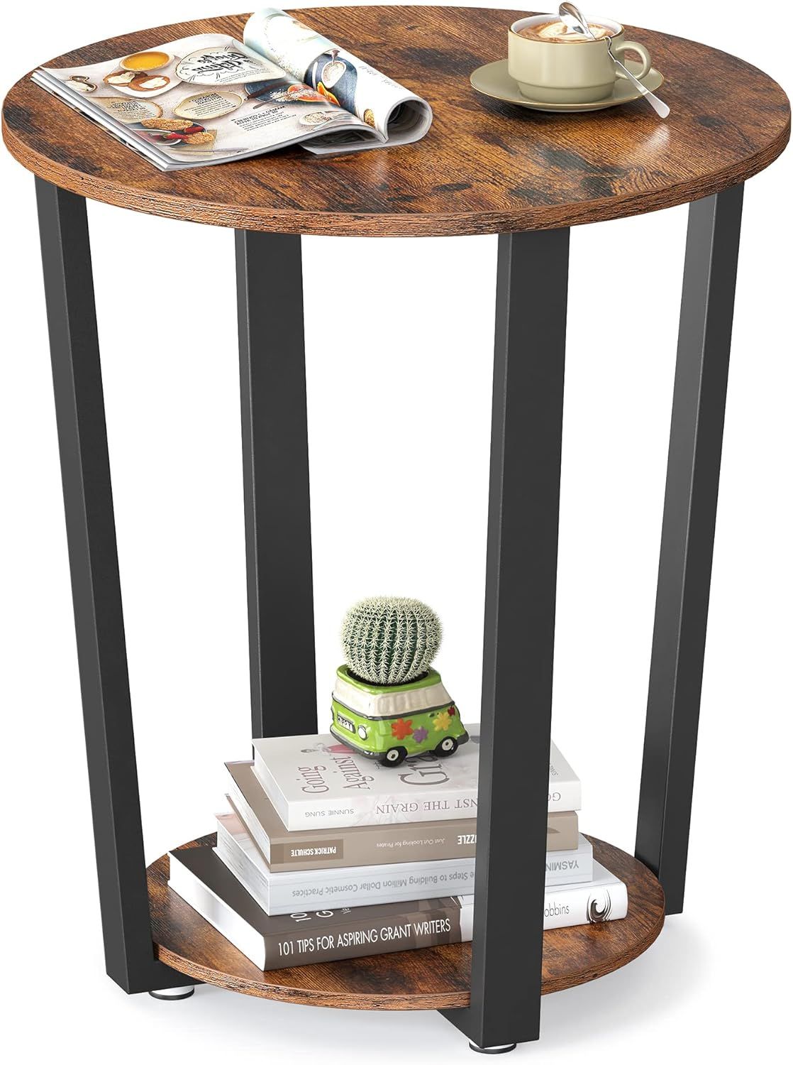 Round Industrial Side Table with Storage Shelf - Easy Assembly