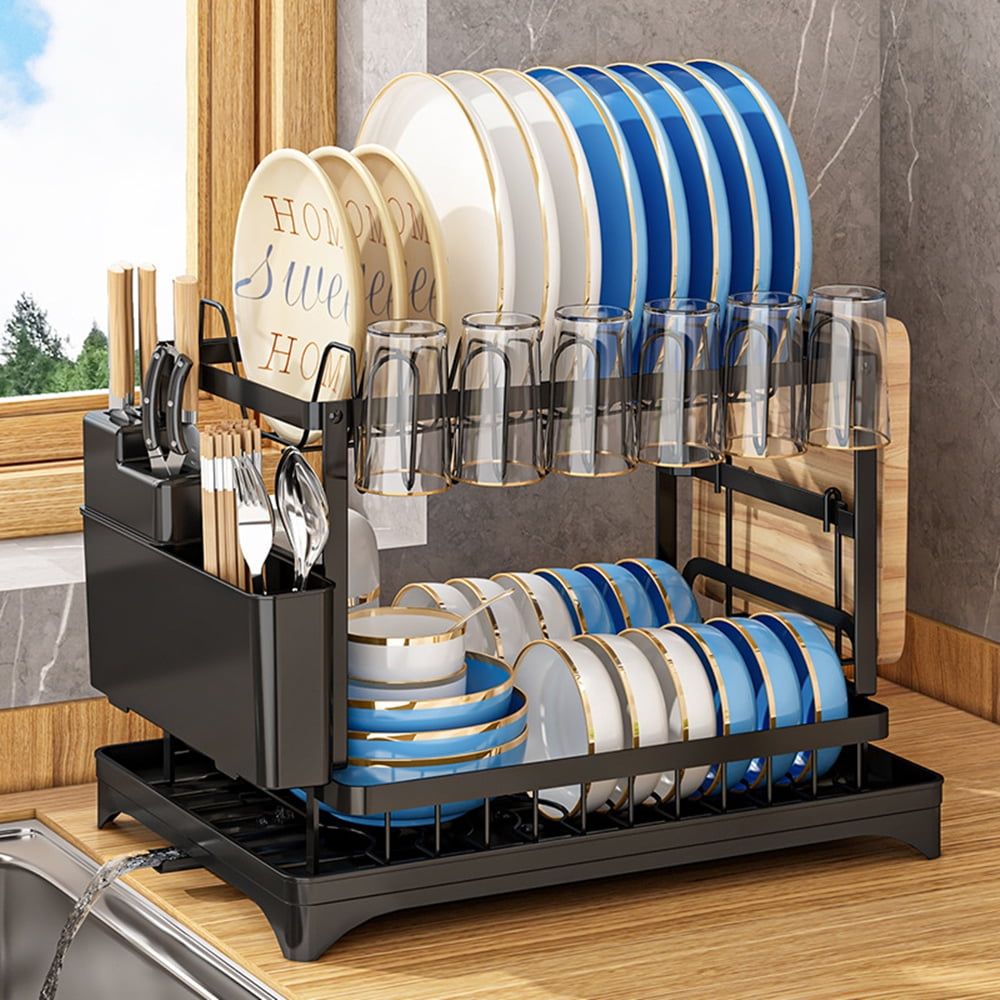 Space-Saving 2-Tier Dish Rack for Kitchen Counter