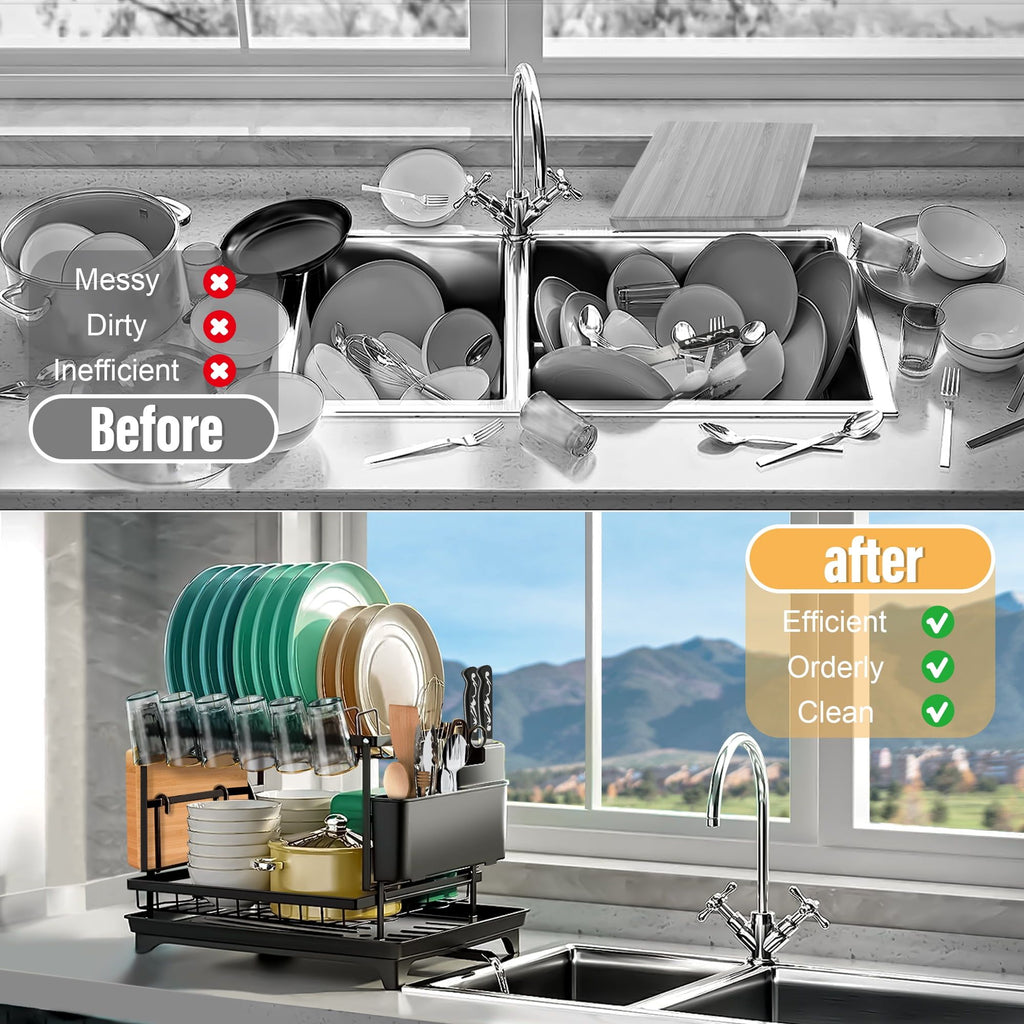 Space-Saving 2-Tier Dish Rack for Kitchen Counter