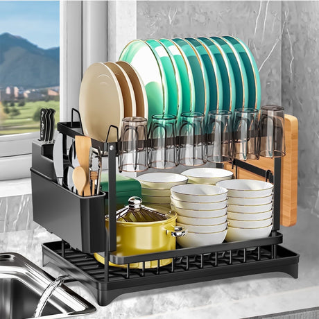 Space-Saving 2-Tier Dish Rack for Kitchen Counter