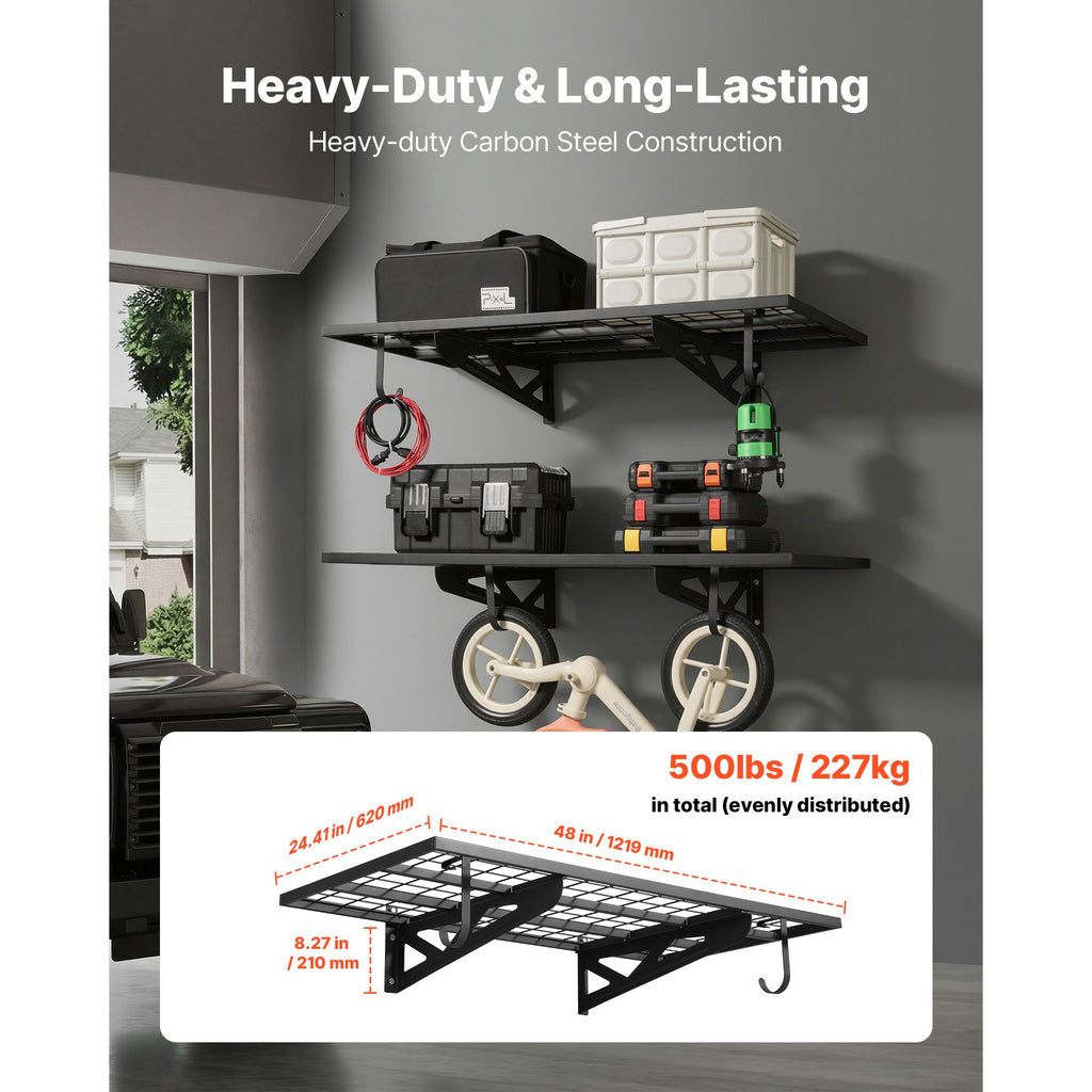 2-Tier practical Wall Garage Shelving – Capacity, Steel Rack with Hooks