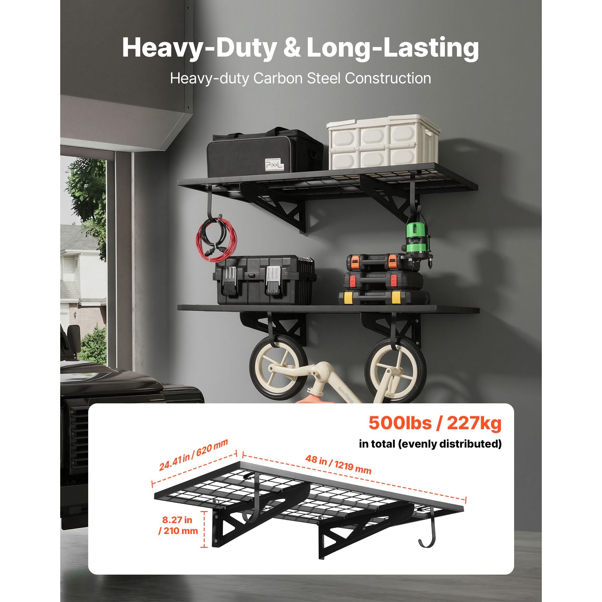 2-Tier practical Wall Garage Shelving – Capacity, Steel Rack with Hooks