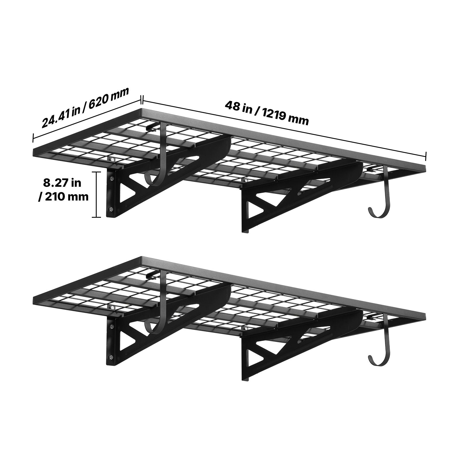 2-Tier practical Wall Garage Shelving – Capacity, Steel Rack with Hooks