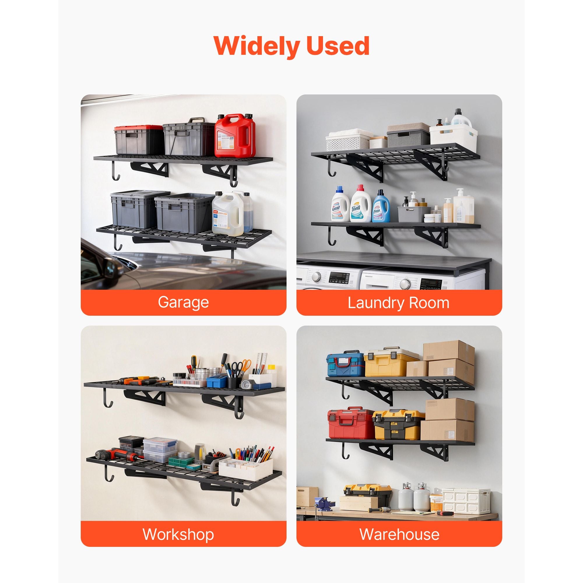 2-Tier practical Wall Garage Shelving – Capacity, Steel Rack with Hooks