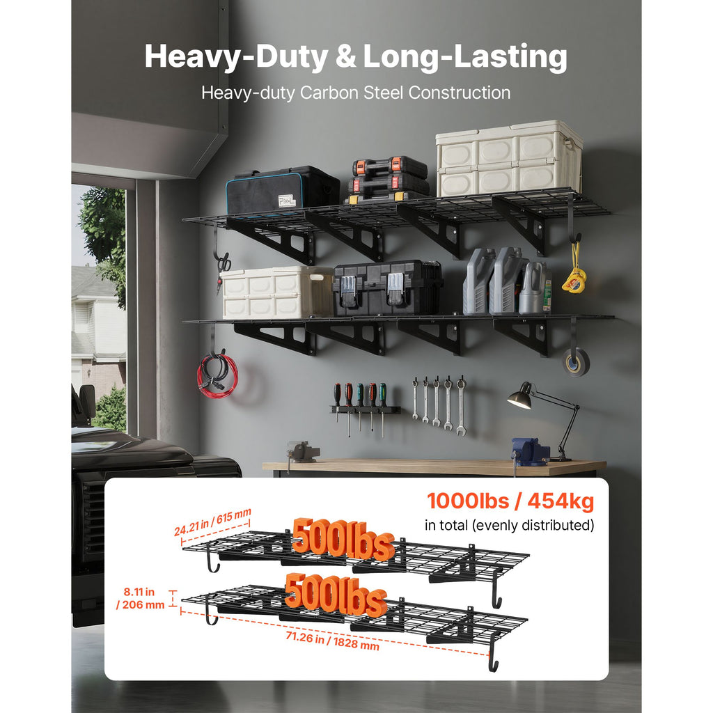 Wall Mounted Garage Shelving with Hooks – 2-Tier Storage Rack