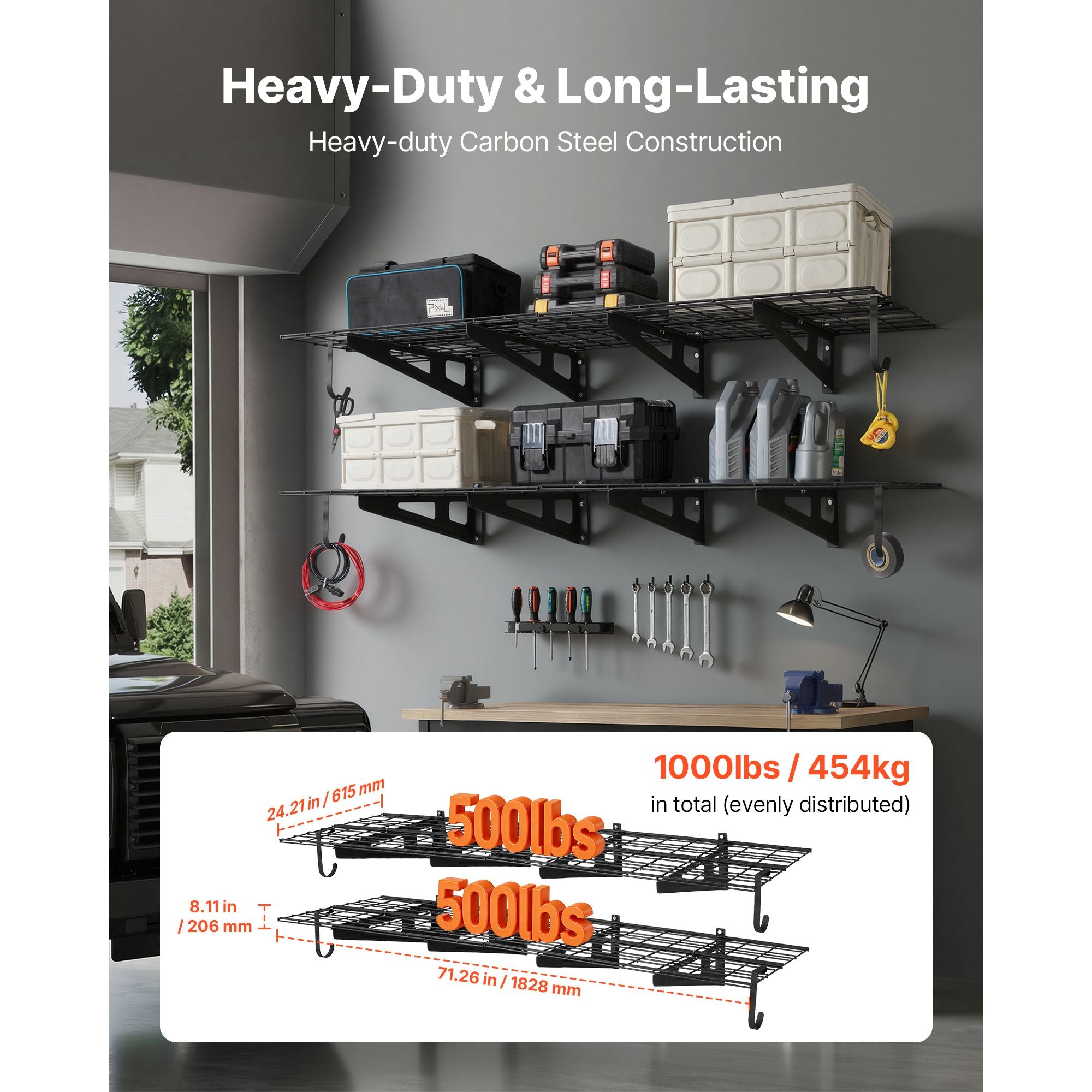 Wall Mounted Garage Shelving with Hooks – 2-Tier Storage Rack
