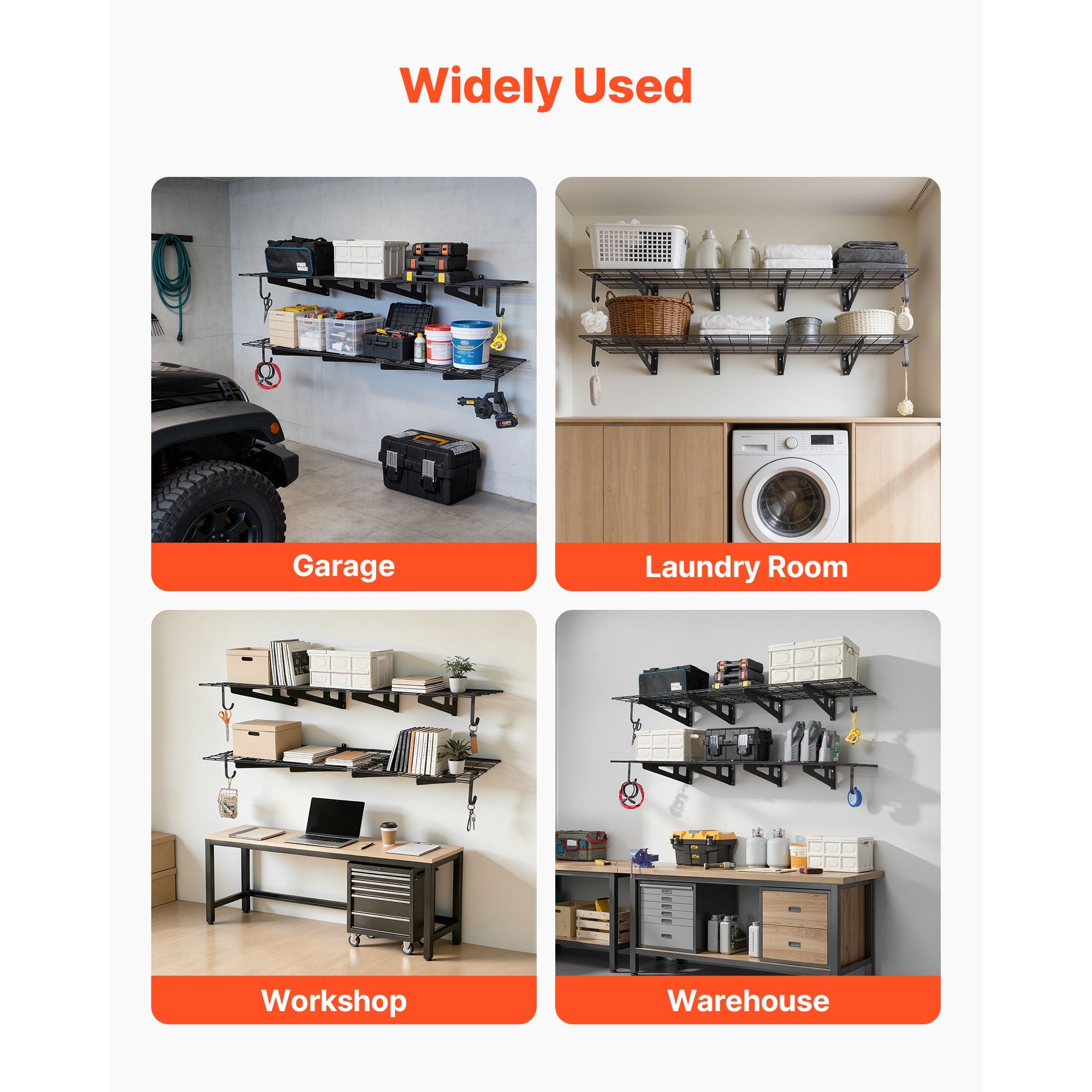 Wall Mounted Garage Shelving with Hooks – 2-Tier Storage Rack